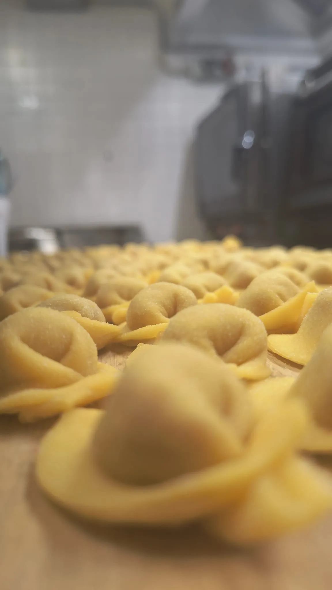 Primo piano di un tortello fresco, con gli altri sfocati dietro Primo piano di un tortello fresco, con gli altri sfocati dietro
